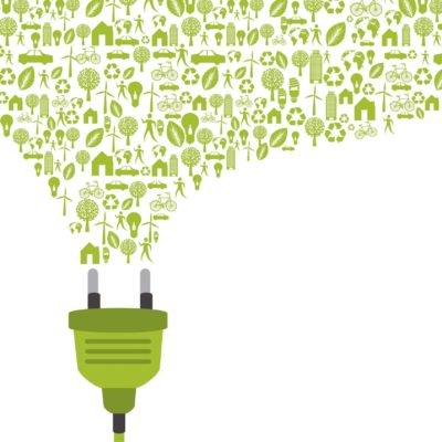 green plug with icons over white background. vector illustration